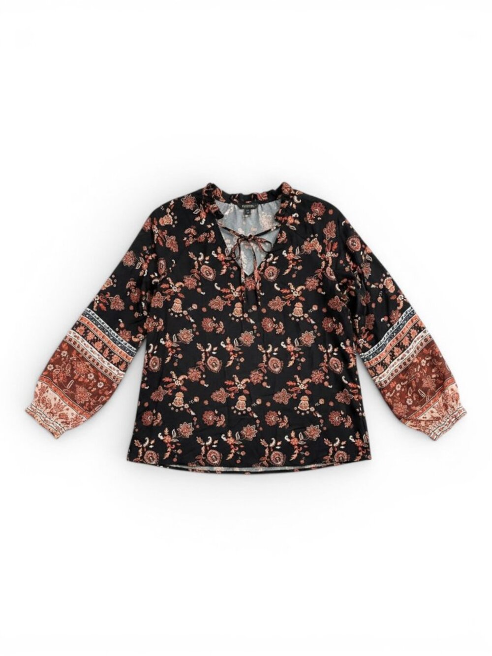 Cupshe Black Floral Long-Sleeve Tie-Neck Blouse with Rust Accents